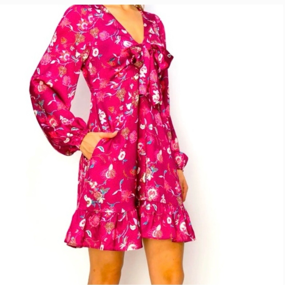 MELLODAY Fuchsia Floral Long Sleeve Dress With Pockets